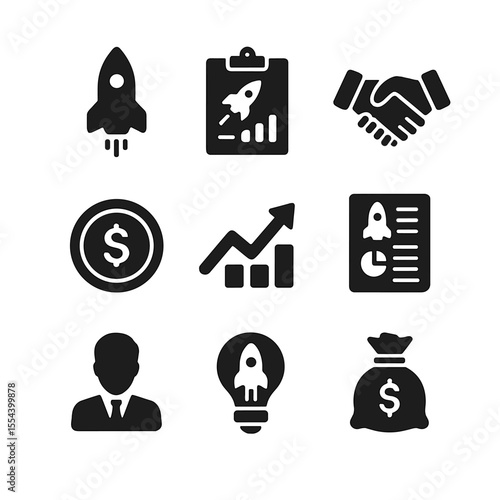 Startup Investment Icons. Solid, filled icons set of investing in startups: rocket launch, pitch deck,