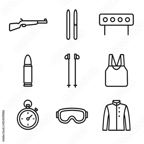 Biathlon Icon Set. Outline icon set of Biathlon: rifle, cross-country ski, shooting range target, bullet, ski poles, race bib,