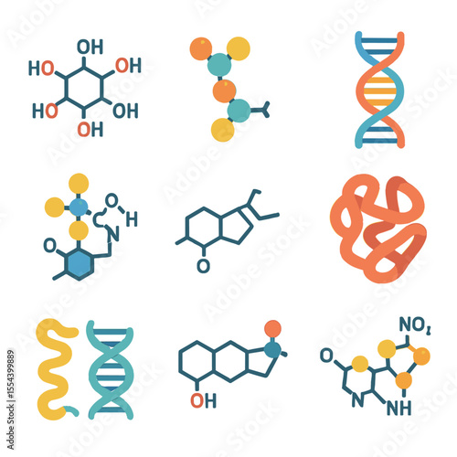 Biochemical Molecules Icons. Isometric Flat icon set of biochemical molecules: glucose molecule, amino acid chain, DNA double