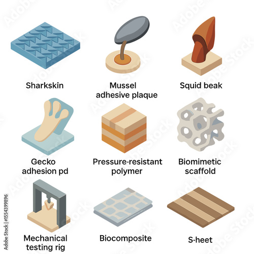 Bioinspired Material Icons. Isometric Flat icon set of bioinspired deep-sea materials: sharkskin patterned surface, mussel