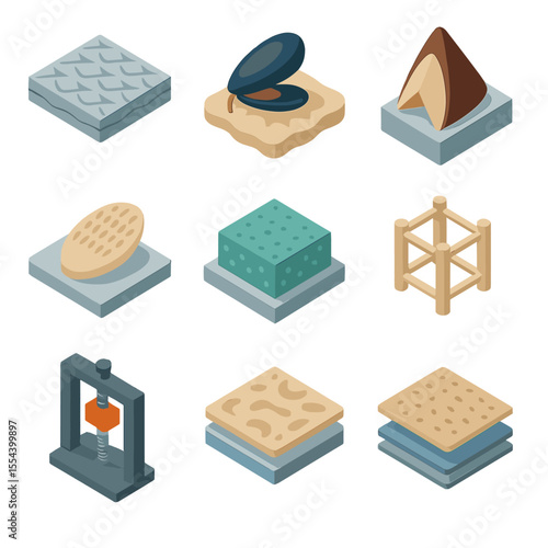 Bioinspired Material Icons. Isometric Flat icon set of bioinspired deep-sea materials: sharkskin patterned surface, mussel
