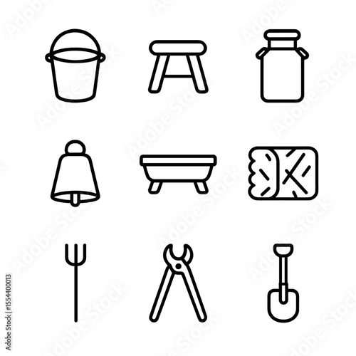 Dairy Farm Icon Set. Outline icon set of dairy farm tools: milk pail, milking stool, milk can, cowbell, feed trough, hay bale,