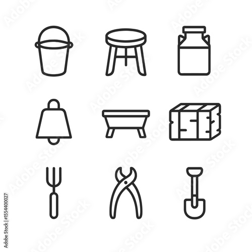 Dairy Farm Icon Set. Outline icon set of dairy farm tools: milk pail, milking stool, milk can, cowbell, feed trough, hay bale,