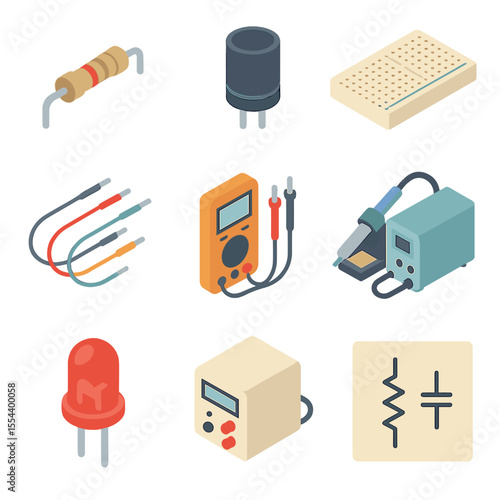 Electronics Icon Grid. Isometric Flat icon set of Electronics and Circuit Building: resistor, capacitor, breadboard, jumper wires,