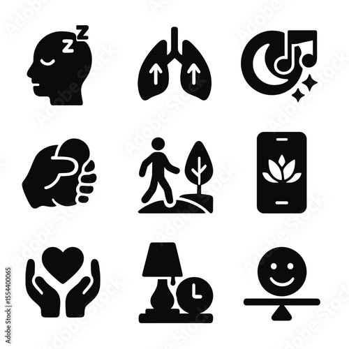 Stress Relief Icons. Solid, filled icons set of stress reduction for better sleep: calm mind icon, breathing