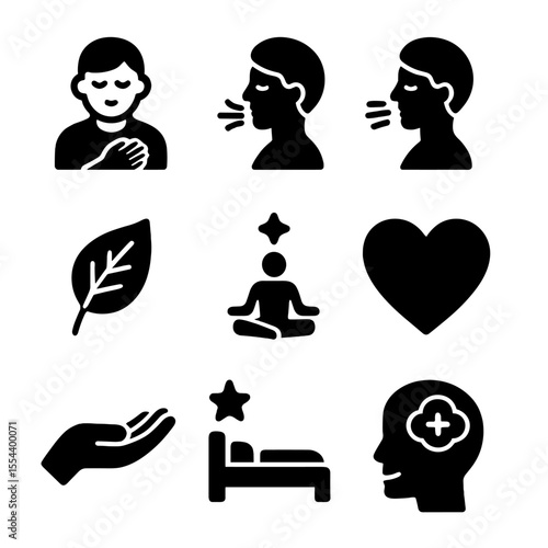 Stress Relief Icons. Solid, filled icons set of stress relief exercises: calm icon, inhale icon, exhale icon,