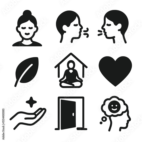 Stress Relief Icons. Solid, filled icons set of stress relief exercises: calm icon, inhale icon, exhale icon,