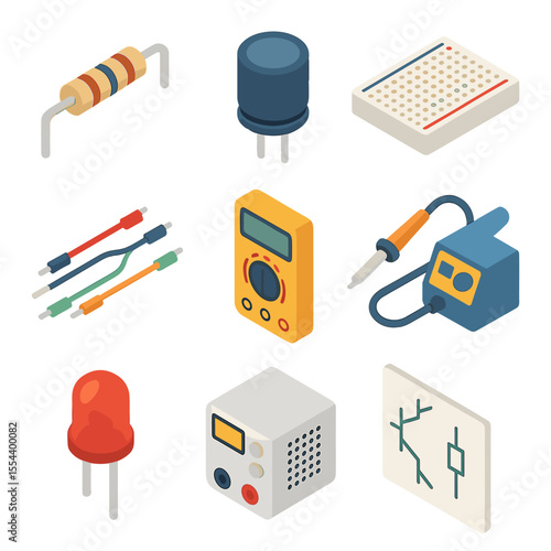 Electronics Icon Grid. Isometric Flat icon set of Electronics and Circuit Building: resistor, capacitor, breadboard, jumper wires,