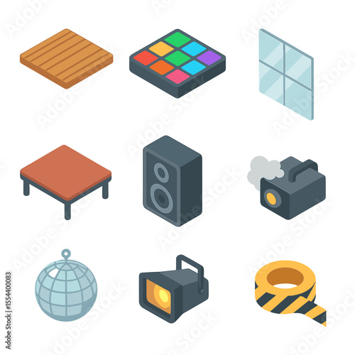 Dance Floor Icon Set. Isometric Flat icon set of dance floor and stage setups: wooden floor panel, LED dance floor tile, mirrored