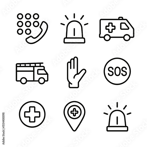 Emergency Icon Set. Outline icon set of emergency call services: 911 dial pad, flashing police light, ambulance silhouette, fire