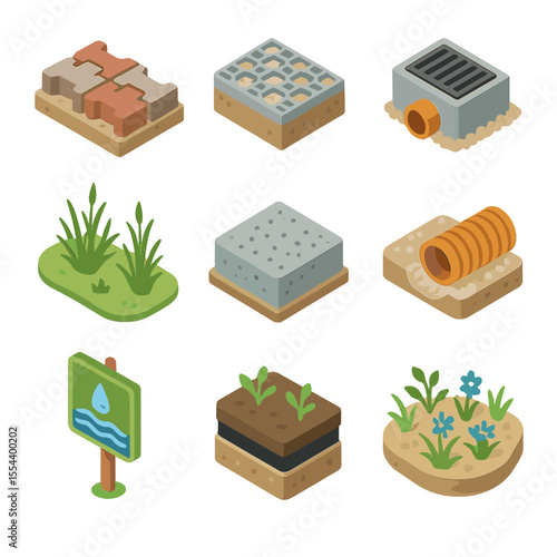 Environmental Icons Collection. Isometric Flat icon set of permeable surface applications: permeable paver block, gravel-filled