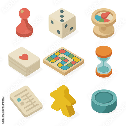 Board Game Icons Set. Isometric Flat icon set of board game pieces: pawn, dice, game board, spinner, card deck, timer, scorepad,
