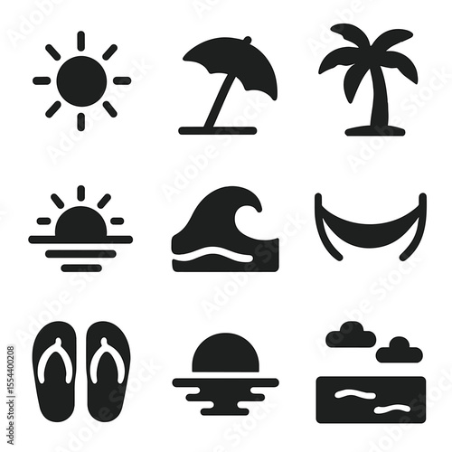 Summer Days Icons. Solid, filled icons set of long summer days and sunsets: sun icon, beach umbrella, palm
