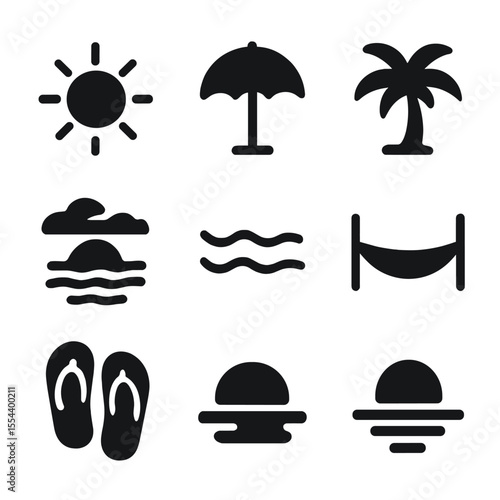 Summer Days Icons. Solid, filled icons set of long summer days and sunsets: sun icon, beach umbrella, palm
