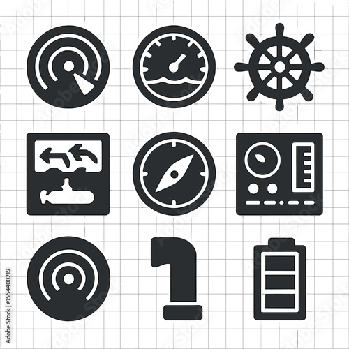 Submarine Navigation Icons. Solid, filled icons set of submarine navigation: navigation sonar, depth indicator