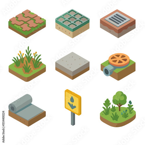 Environmental Icons Collection. Isometric Flat icon set of permeable surface applications: permeable paver block, gravel-filled