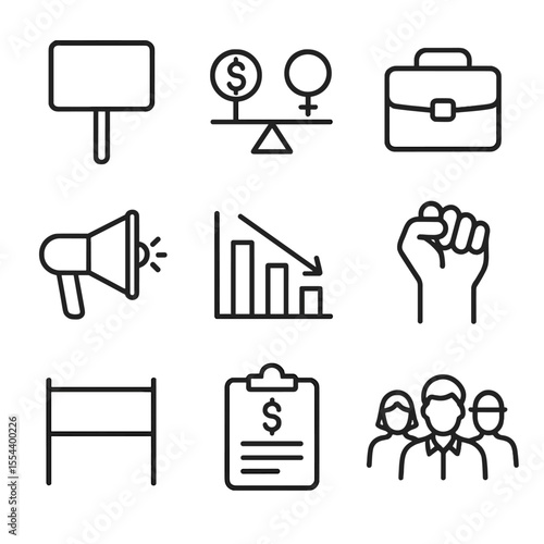 Equal Pay Icons. Outline icon set of equal pay campaigns: protest sign “Equal Pay”, dollar symbol balanced with female symbol,