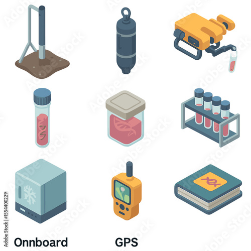 Deep-Sea Sampling Icons. Isometric Flat icon set of deep-sea DNA sampling: sediment corer, Niskin bottle, ROV sampling arm,