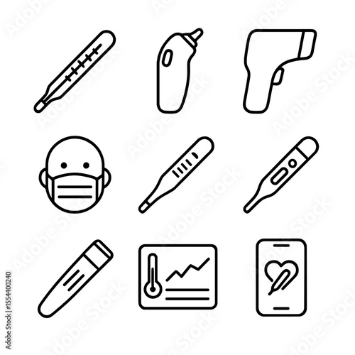 Body Temperature Icons. Outline icon set of body temperature monitoring: medical thermometer, ear thermometer, forehead scanner,