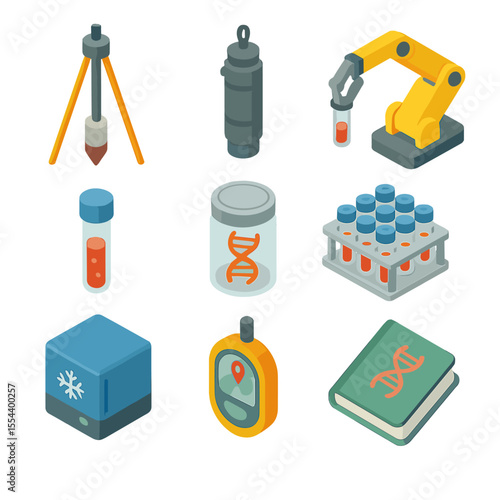 Deep-Sea Sampling Icons. Isometric Flat icon set of deep-sea DNA sampling: sediment corer, Niskin bottle, ROV sampling arm,