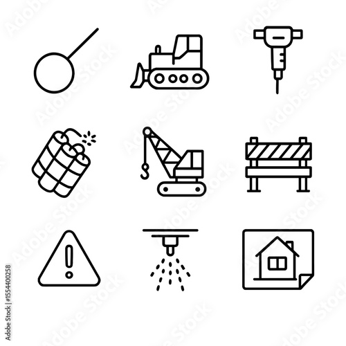 Demolition Icon Set. Outline icon set of Demolition and Controlled Collapse: wrecking ball, bulldozer, jackhammer, dynamite charge