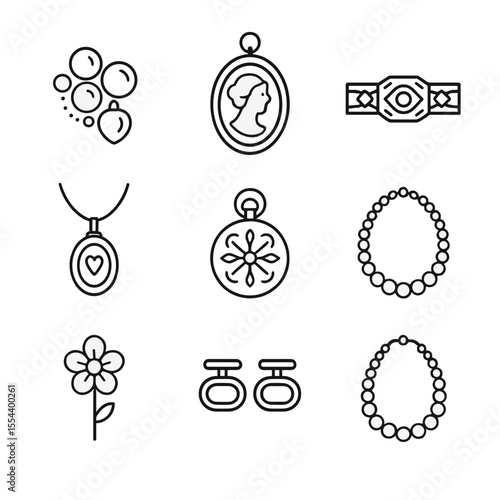 Estate Jewelry Icons. Outline icon set of Estate Sale Jewelry Finds: brooch cluster, cameo pendant, art deco bracelet, Victorian