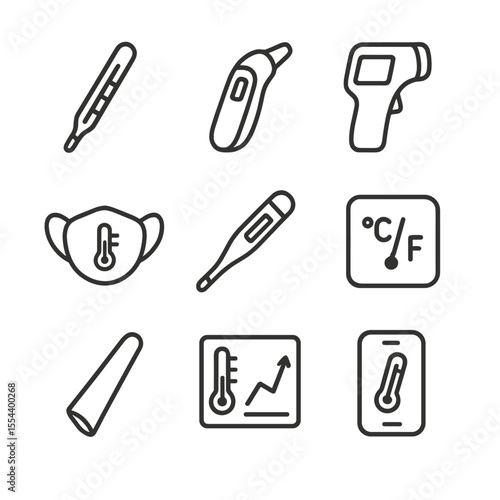 Body Temperature Icons. Outline icon set of body temperature monitoring: medical thermometer, ear thermometer, forehead scanner,