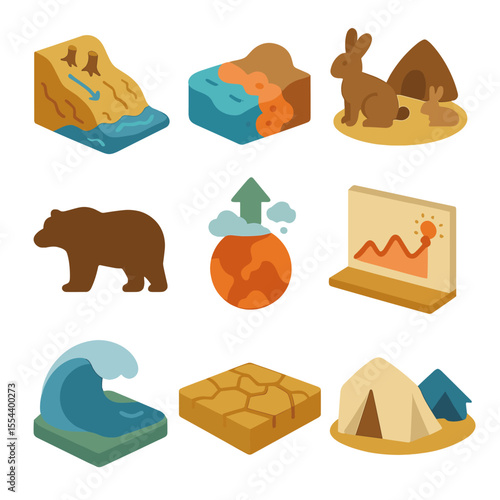 Deforestation Impact Icons. Isometric Flat icon set of Deforestation Consequences: soil erosion slope, river sediment cloud, loss
