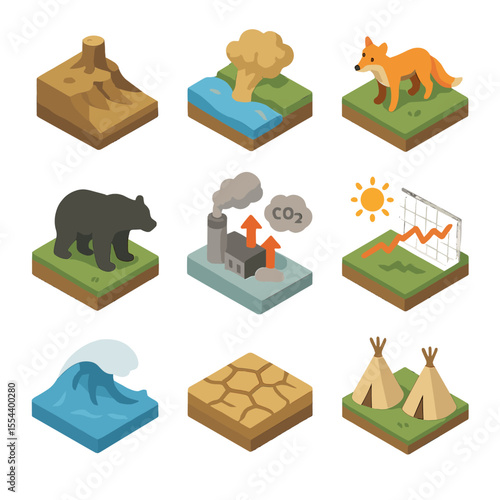 Deforestation Impact Icons. Isometric Flat icon set of Deforestation Consequences: soil erosion slope, river sediment cloud, loss