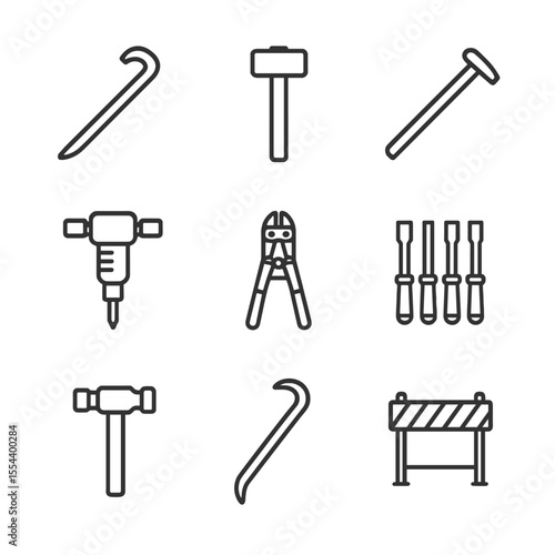 Demolition Tools Icons. Outline icon set of demolition tools: wrecking bar, sledgehammer, pry bar, jackhammer, bolt cutter, chisel