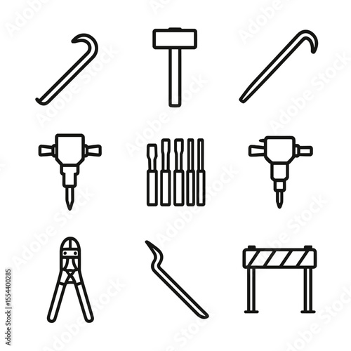 Demolition Tools Icons. Outline icon set of demolition tools: wrecking bar, sledgehammer, pry bar, jackhammer, bolt cutter, chisel