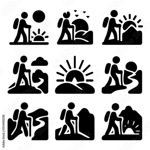 Sunrise Sunset Icon Set. Solid, filled icons set of sunrise and sunset hikes: early start icon, golden sky,