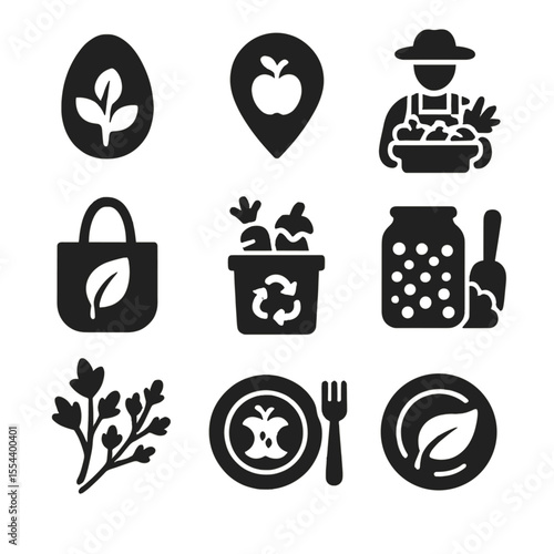 Sustainable Food Icons. Solid, filled icons set of sustainable food choices: plant-based icon, local produce,