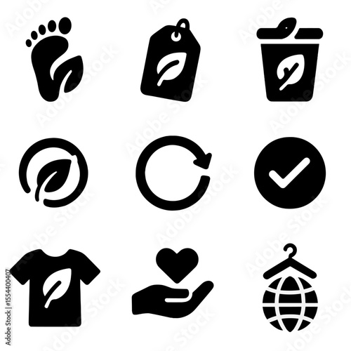 Sustainable Fashion Icons. Solid, filled icons set of fashion sustainability icons: carbon footprint, eco
