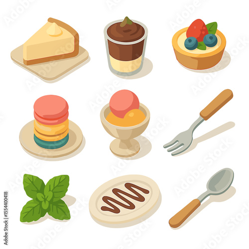 Dessert Icon Collection. Isometric Flat icon set of dessert tray presentations: cheesecake slice, chocolate mousse cup, fruit