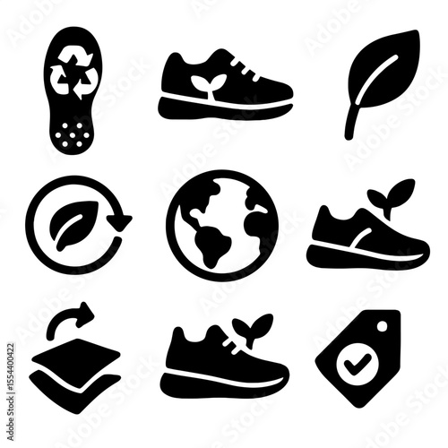 Sustainable Footwear Icons. Solid, filled icons set of sustainable footwear: recycled rubber sole, green shoe,