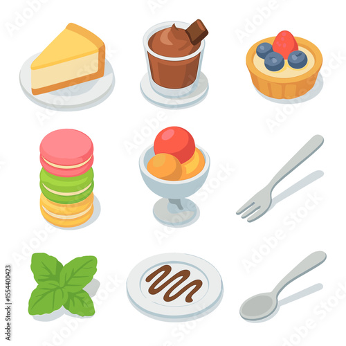 Dessert Icon Collection. Isometric Flat icon set of dessert tray presentations: cheesecake slice, chocolate mousse cup, fruit