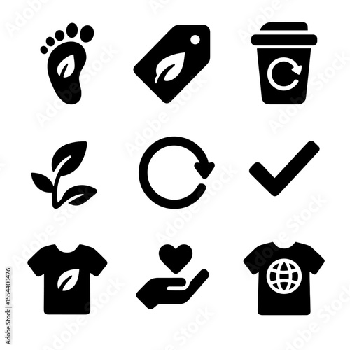 Sustainable Fashion Icons. Solid, filled icons set of fashion sustainability icons: carbon footprint, eco