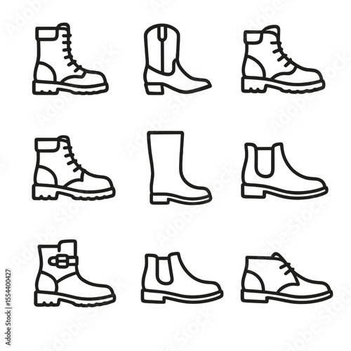 Boot Icon Set. Outline icon set of worn boot styles: combat boot, cowboy boot, hiking boot, work boot, rain boot, Chelsea boot,