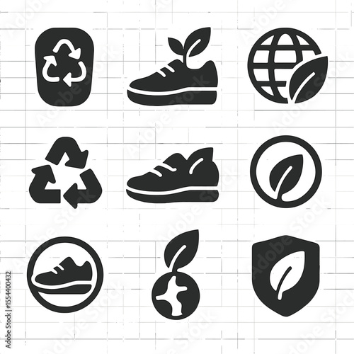 Sustainable Footwear Icons. Solid, filled icons set of sustainable footwear: recycled rubber sole, green shoe,