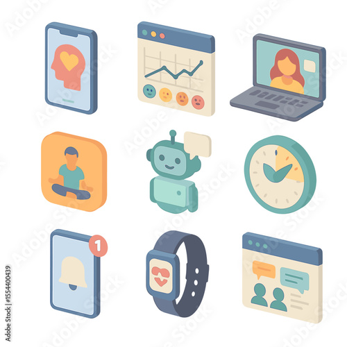 Digital Mental Health Tools. Isometric Flat icon set of Digital Mental Health Tools: smartphone with mental health app, mood