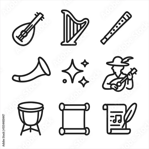 Fantasy Game Icon Set. Outline icon set of fantasy game OST: lute, harp, wooden flute, horn, kettle drum, magic sparkle, bard