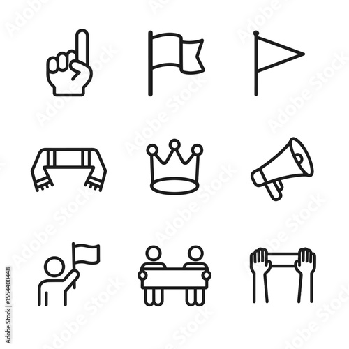 Fan Celebration Icons. Outline icon set of fan celebrations: foam finger, team flag, pennant, fan scarf, foam crown, megaphone,