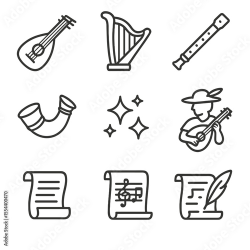 Fantasy Game Icon Set. Outline icon set of fantasy game OST: lute, harp, wooden flute, horn, kettle drum, magic sparkle, bard