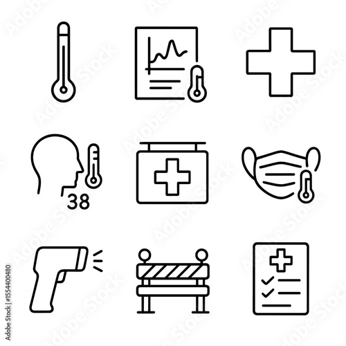 Fever Screening Icons. Outline icon set of fever and health screening: hospital thermometer, fever chart, medical cross, patient