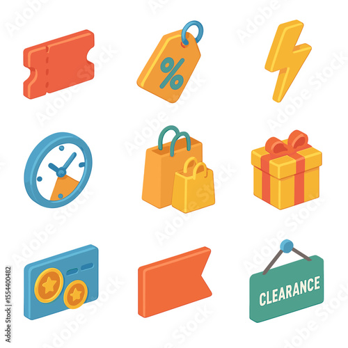 Discount Promotion Icons. Isometric Flat icon set of discounts and promotions: coupon ticket, percentage discount tag, flash sale