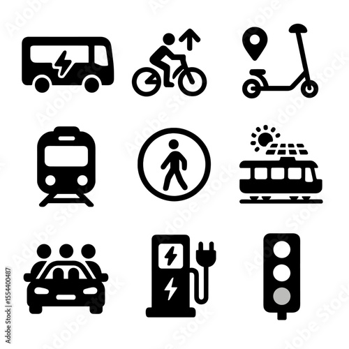 Sustainable Transport Icons. Solid, filled icons set of sustainable urban transportation: electric bus, bike
