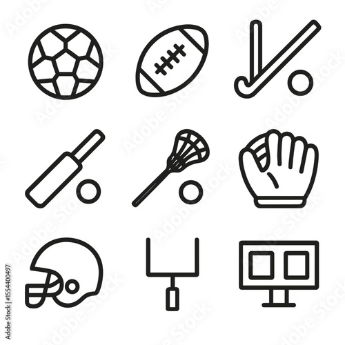 Field Sports Icons. Outline icon set of field sports games: soccer ball, rugby ball, field hockey stick, cricket bat, lacrosse