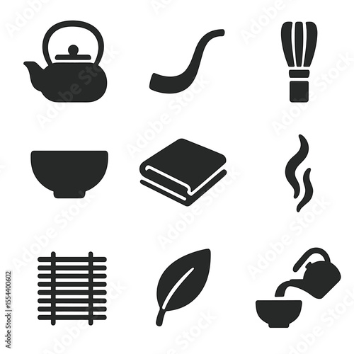 Tea Ceremony Icons. Solid, filled icons set of tea ceremony elements: cast iron kettle, curved spout, tea