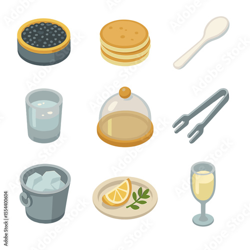 Fine Dining Icon Set. Isometric Flat icon set of fine dining tray setups: caviar tin, blini stack, mother-of-pearl spoon, chilled